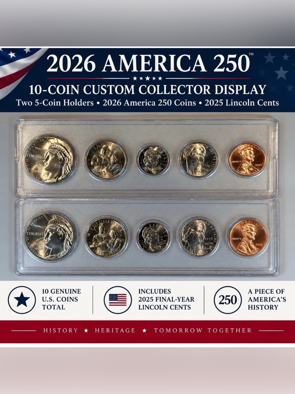 2026 America 250 10-Coin Set 2 Custom Displays + 2025 Lincoln Cents BU